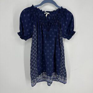 3/$25 Joie 100% Silk Peasant Top Blouse XS Short Sleeves Smocked Boho Navy Blue